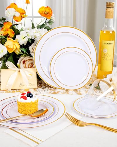 GATHER 350PCS Gold Plastic Plates - White and Gold Disposable Plastic Dinnerware Set Include 50 Dinner Plates, 50 Dessert Plate, 150 Silverware, 50 Napkins, 50 Cups for Party & Wedding - color: Gold, size: 50 Guests