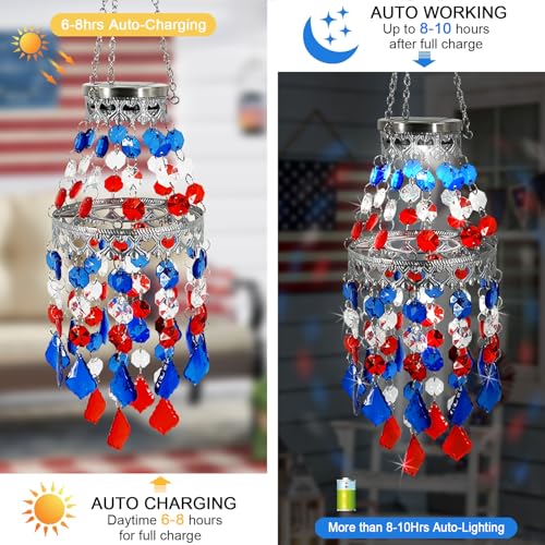 4th of July Decorations Outdoor,Patriotic Hanging Solar Lanterns Outdoor Chandelier,2 Tier Acrylic Crystal Wind Chimes for Outside,Paito,Porch,Yard - color: 4th of July