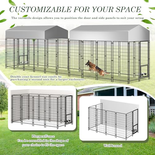 Grepatio 8x4x5.7 FT Outdoor Dog Kennel with Roof, Heavy Duty Dog Cage for Large Dogs, Outside Dog Enclosure with 2 Rotating Dogs Bowls, Welded Wire Steel Dog Kennel Run Playpen Fence with Secure Lock