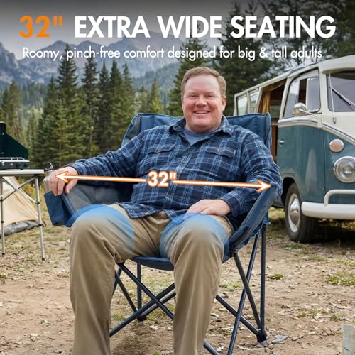 Portal 32" Oversized Camping Chair, Foldable Heavy Duty 350 lb Padded Ergonomic Seat for Big & Tall Adults, Pinch-Free Extra Wide Design Featuring Cup Holder & Carry Bag for Fishing, Lawn & Sidelines - color: Blue, style: 1 Pack