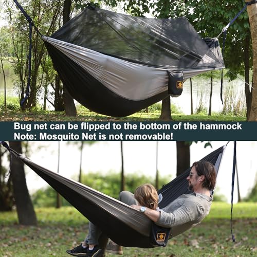 Qevooon Camping Hammock with Net,Travel Portable Lightweight Hammocks with Tree Straps and Solid D-Shape Carabiners,Parachute Nylon Hammock for Outsides Backpacking Beach Backyard Patio Hiking - color: Black & Grey, size: Large
