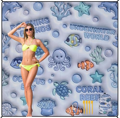 HIHOHO Beach Blanket Waterproof Sandproof Beach Mat 79”x 83” for 1-8 Adults Quick Drying Durable Outdoor Picnic Mat for Beach Festival Travel Camping Hiking (3D Ocean-BL, 79"×83"(4 Person)) - color: 3d Ocean-bl, size: 6'11" x 6'7"