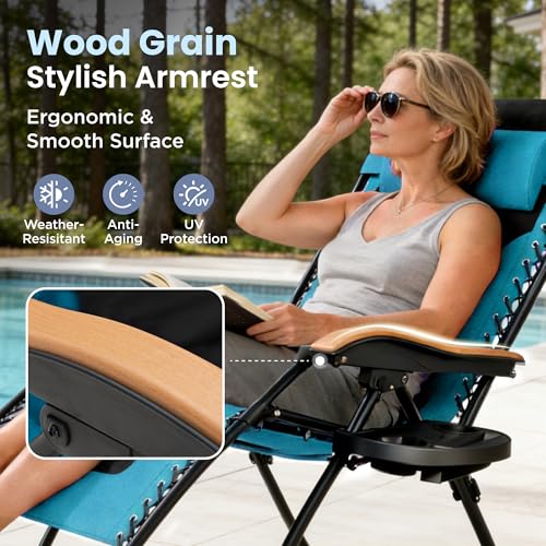PHI VILLA XXL Oversized Padded Zero Gravity Chair, Foldable Patio Recliner, 30" Wide Seat Anti Gravity Lounger with Cup Holder, Support 400 LBS (Aqua) - color: Aqua, style: 1 Pcs