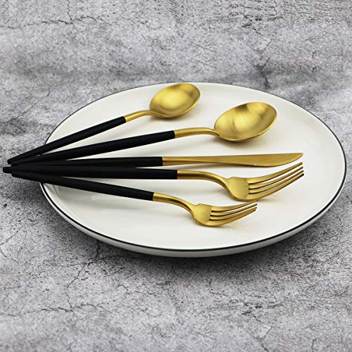 5-Piece 18/10 Stainless Steel Matte Gold Silverware Set, Kitchen Tableware Set, Dishwasher Safe - color: Black Handle Gold, size: Service for 1