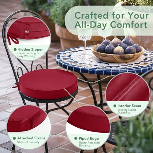 Summsun Outdoor Bistro Chair Cushions Set of 4, 15" D x 3" H Round Chair Cushions Waterproof and Fade Resistant Chair Cushion Pads with Non-Slip Ties and Removable Covers for Garden, Burgundy - color: Red, size: 15x3 Inch (Round)-4p