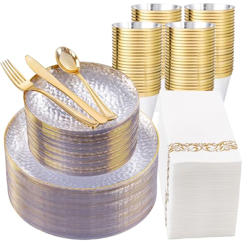DaYammi 350PCS Clear Gold Plastic Dinnerware Set for 50 Guests, Hammered Disposable Plates for Party, Include: 50 Dinner Plates, 50 Dessert Plates, 150 Gold Silverware, 50 Napkins, 50 Cups - color: Clear, size: 350 Pcs