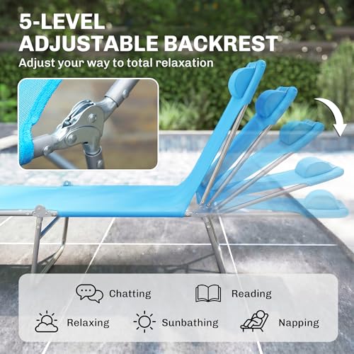 Outsunny Folding Chaise Lounge Pool Chairs, Outdoor Sun Tanning Chairs with Pillow, Reclining Back, Steel Frame & Breathable Mesh for Beach, Yard, Patio, Blue - color: Blue