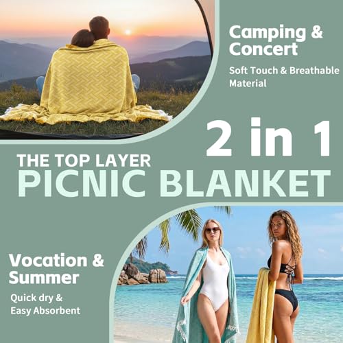 2 in 1 Extra Large Outdoor Picnic Blanket Camping Mat Lightweight Oversized Giant Turkish Boho Beach Mexican Serape Baja Cobijas Mexicanas para Mesa Park Stadium Outside Festival Grass Hammock - color: Yellow