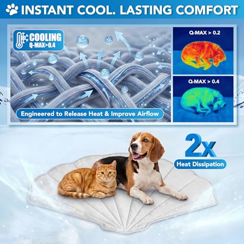 PetAmi Dog Cooling Mat, Sea Shell Shape, Pet Pad with Cooling Nylon & Soft Fleece, Q-Max > 0.4 Reversible All Season Blanket for Dogs & Cats, Small 33x39 in, Light Grey - color: Light Grey, size: Small