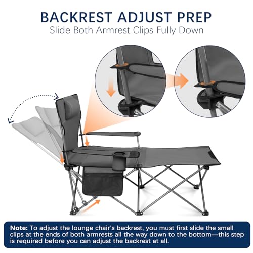 apollo walker Reclining Beach Chair, Adjustable 90-135° Backrest Camping Lounge Chairs for Adults, Folding Chair with Foot Rest & Detachable Pillow - Standard 6-Leg, Grey - color: Grey, style: 6-Leg