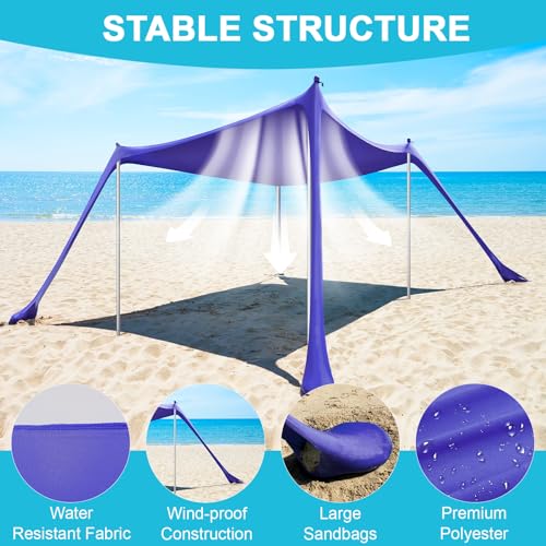 Beach Tent - 10 x 10 FT Beach Canopy, Outdoor Beach Shade Canopy for Beach Camping Picnics, Portable Beach Tent Sun Shelter UPF50 with 4 Sandbags, Ground Pegs,Anti-Wind Ropes, and Stability Poles - style: Royal Blue-10*10 FT 4 Pole