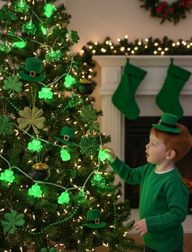 8.5Ft Shamrock String Lights Outdoor, St Patricks Day Decorations Lights with 10 LED Green Clover Lights, Plug in Shamrock Fairy Light for Window Patio Garden Party Irish St. Patricks Day, White Wire - color: Clear Green,Solid Green