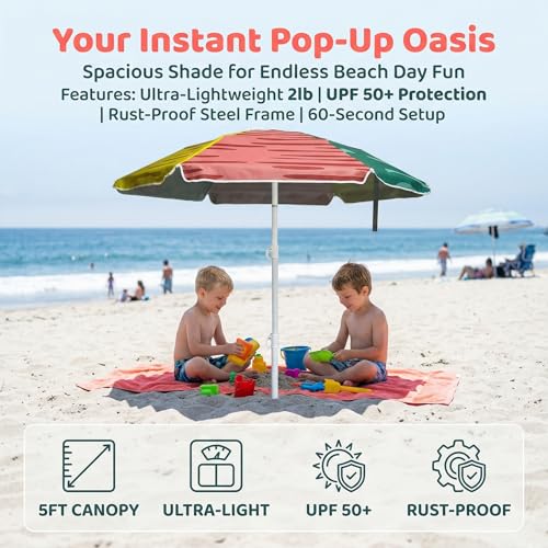 LOTTAFUN Water Table Kid Umbrella 5ft Beach Umbrella - Heavy Duty Wind Resistant UV 50+ Portable Sun Shade with Sand Anchor & Carry Bag, Outdoor Folding Umbrella for Beach,Pool,Patio,Garden (3 Color Block) - color: Three colors