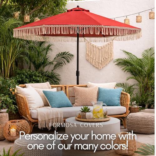 Formosa Covers 9ft 8-Rib Boho Replacement Umbrella CANOPY ONLY with Tassel Fringe Valance — 600D Polyester, UV-Treated, Fits Market Patio Frames (Red) - color: Tassel Red