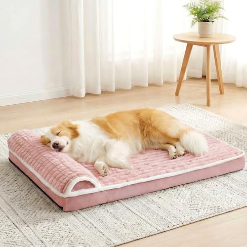 Orthopedic XL Dog Bed Large Sized Dog with Pillow 42''X28'', Waterproof Soft Comfortable Egg Crate Foam Pet Crate Beds Mat with Removable Washable Cover and Non-Slip Bottom, Pink - color: Pink, size: 42"l X 28"w X 3.5"th