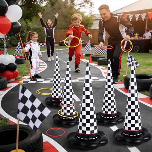 5 Pack Inflatable Ring Toss Games for Kids - Black Checkered Racing Themed Party Games Set with 10 Plastic Rings and Pump, Indoor Outdoor Carnival Garden Toy & Party Favors - color: Black White