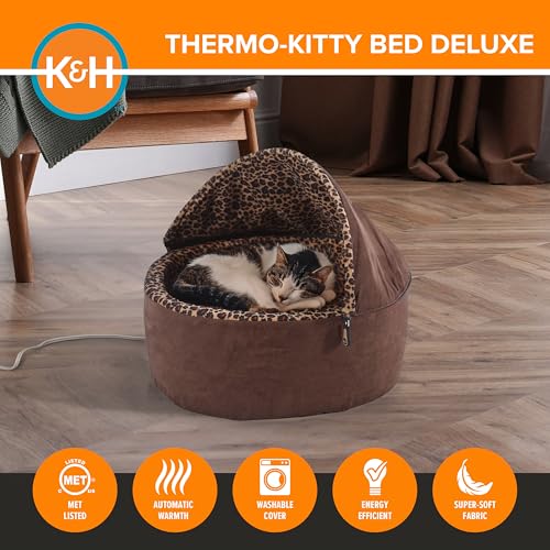 K&H Pet Products Thermo-Kitty Bed Deluxe Heated Cat Bed for Smaller Kitties - Indoor Heated Pet Bed for Dogs & Cats, Covered Cave Pet Tent, Machine Washable, Safety Listed - Small 16in Mocha/Leopard - color: Mocha, size: Small 16 Inches 4 Watts