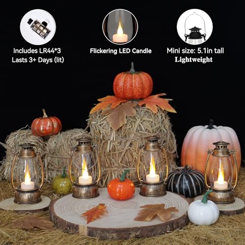 12PCS Bronze Mini Lanterns with Remote Control, 5.1" H/13cm Small Vintage Western Lanterns for Christmas Table Centerpieces, Halloween/Camping Party Decorations, Indoor Hanging & Table - color: Bronze