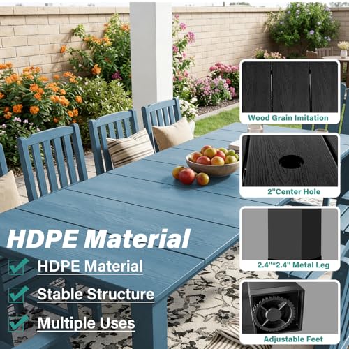 11-Piece Patio Dining Set, Outdoor Dining Set for 10, HDPE All-Weather Outdoor Furniture with 89.57” Umbrella Hole Table, 2 Armchairs & 8 Armless Chairs, Navy - color: Navy, size: 2 Armchairs & 8 Armless Chairs