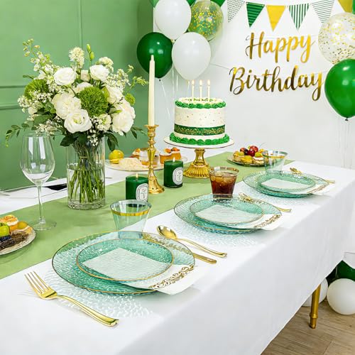 DaYammi 350 Pcs Clear Green Gold Plastic Plates, Hammered Disposable Dinnerware, Clear Green Plates Set Include 100 Plastic Platos, 150 Gold Disposable Silverware, 50 Cups and 50 Napkins for Party - color: Clear Green, size: 350 Pcs