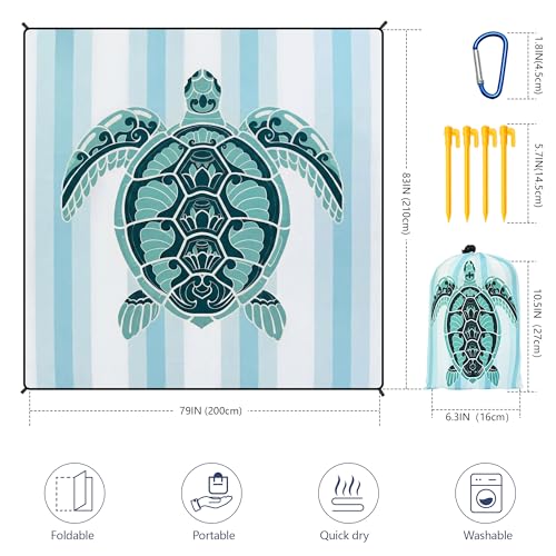 HIHOHO Beach Blanket Waterproof Sandproof Beach Mat 79”x 83” for 1-8 Adults Quick Drying Durable Outdoor Picnic Mat for Beach Festival Travel Camping Hiking (GN-Stripes Seaturtle, 79"×83"(4 Person)) - color: Gn-stripes Seaturtle, size: 6'11" x 6'7"