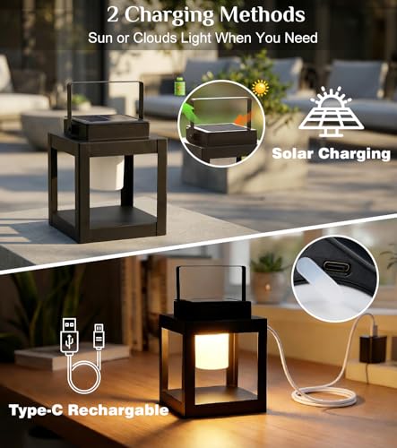 Solar Lantern Outdoor Table Lamp - Portable Hanging LED Lights, Dural Rechargeable Waterproof Decorative Lights for Patio Camp