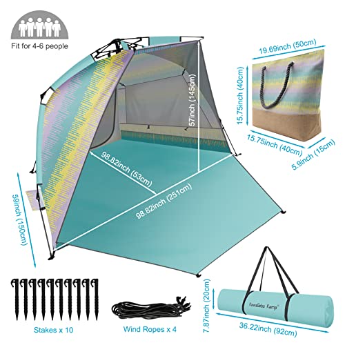 Beach Tent Sun Shelter for 4-6 Person - Pop Up Beach Tent UPF 50＋ UV Protection, Lightweight and Easy Setup Cabana, Extendable Floor with 3 Ventilating Windows, Carrying Bag