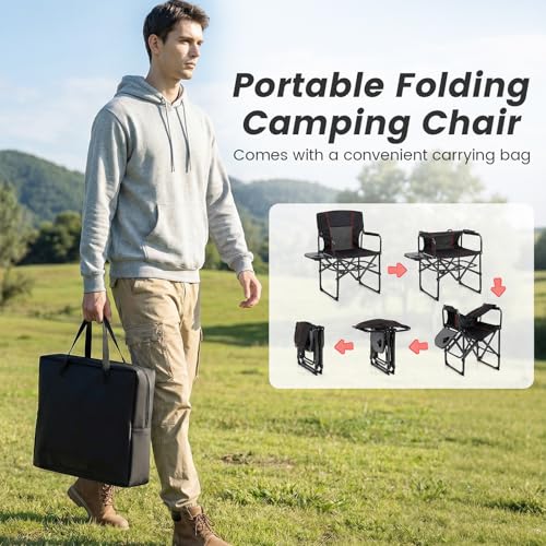 Goplus Folding Camping Chair, 2 Pack Heavy-Duty Director Chair with Side Table & Cup Holder, Portable Padded Chair with Carrying Bag for Picnic Beach Fishing Sports, Supports up to 500 LBS, Black - color: Black