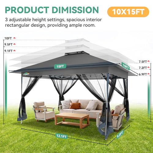 COBIZI 10x15 FT Pop up Gazebo on Clearance - Outdoor pop up Heavy Duty Canopy Tent,carpas para Patio, Screen Tents with Portable Carry Bag, Patio Gazebos for Camping, Garden, Deck, Backyard, Darkgrey