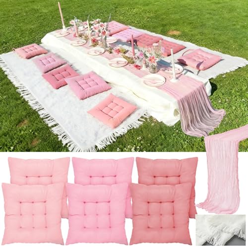 Extra Large Outdoor Picnic Blanket with Table Runner and Floor Pillow Cushion for Picnic Wedding Birthday Baby Shower Backyard (91 x 71'',Pink,6-Person) - color: Pink