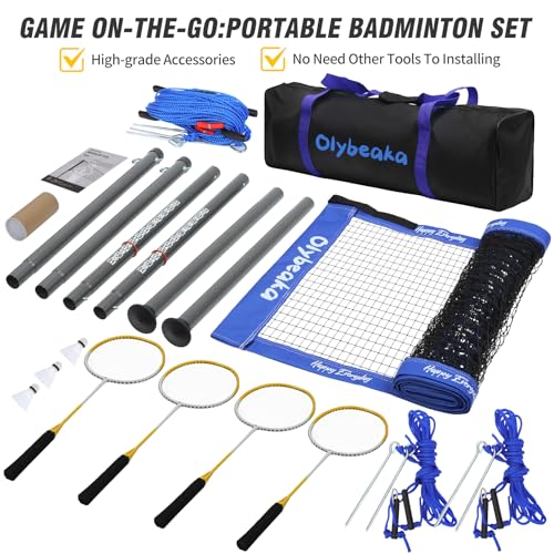 Outdoor Badminton Set for Backyard Lawn Beach Portable Badminton Net Set System with Anti Sagging Design 4 Carbon Aluminum Rackets 3 Birdies and Carrying Bag - color: Deep Blue