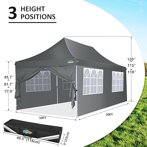 COBIZI 10x20 Pop Up Canopy with 6 Sidewalls, Conical Party Tent 10x20 with 3 Adjustable Height Waterproof, UV-Resistant with Carry Bag, Sandbag, Stake, Ropes for Parties, Commercial (Frame Upgraded) - color: Gray, size: 10x20FT