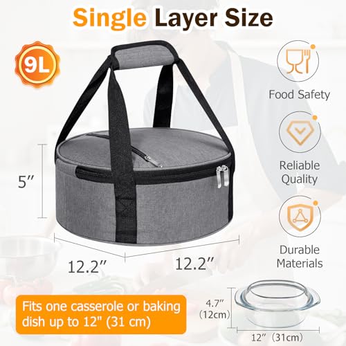 Round Insulated Casserole Carrier – 12" Portable Pie Carrier Bag for Hot or Cold Food, Leakproof Thermal Lunch Tote with Handle for Parties Picnic & Travel - Grey - color: Gray, size: Single