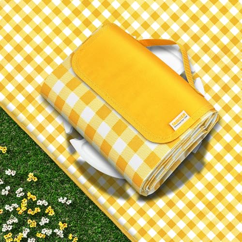 SAMSIER Outdoor Picnic Blankets Waterproof Foldable Sandproof, Extra Large Gingham Cute Picnic Mat Washable Portable for Park Beach Camping Courtyard (Yellow, 80"×80") - color: Yellow, size: 6'8" x 6'8" (Square)