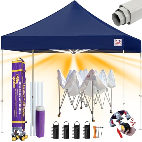 Tradesparker 10x10 Pop Up Canopy Tent,Commercial Movable Canopy with ApexCore LED&Rugged Casters-Instant Easy Setup Shelter Canopies with Weight Bags&Stakes for Outdoor Events Markets,Navy Blue - color: Navy Blue, size: 10x10