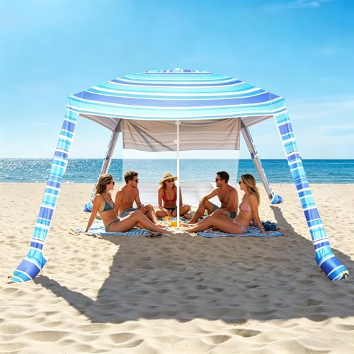 8'x8' Beach Cabana, UPF 50+ Large Beach Canopy with Side Wall, Easy Setup Pop Up Sun Shelter, Adjustable Height & Wind Resistant Beach Tent for 4-6 Person Family, Light Blue