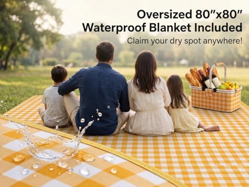 22L Collapsible Picnic Basket with Insulated Cooler, Includes Oversized 80"x80" Waterproof Blanket, Leakproof Aluminum Frame Market Grocery Tote for Family Camping, Beach & Outdoor Dates Yellow Plaid