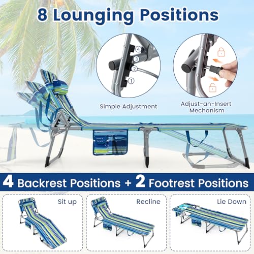 COSTWAY Tanning Chair with Face Hole, Folding Beach Lounge Chair with 4-Position Adjustable Backrest, Pillow & Side Pocket, Foldable Chaise Lounge Chair Outdoor for Sunbathing, Camping (1, Blue+Green) - color: Blue+green