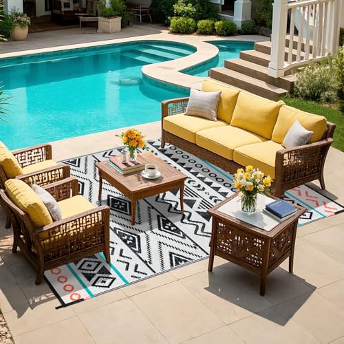 Outdoor Rugs Patio Camping Waterproof - 8x10 Plastic Straw Patio Rug Portable for Campers, Outside RVs Mat, Outdoor Area Carpet for Patios Clearance, Backyard Porch, Balcony, Picnic - color: Black Red, size: 8' x 10' (Rectangular)