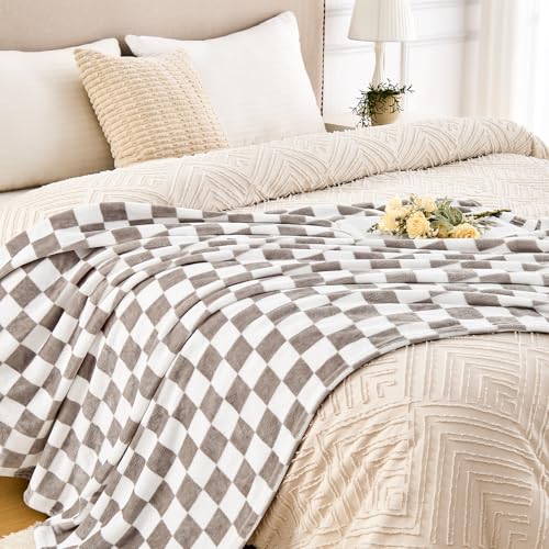 Edenleaf Light Grey Checkered Blanket, Ultra Soft Fluffy Fleece - Checkered Grid Print Throws for Couch Sofa Bed, Cozy Luxury Throw Blanket for All Seasons, 50x60 Inch, Cashmere Smoke - color: 01 Cashmere Smoke, size: Throw-50"x60"