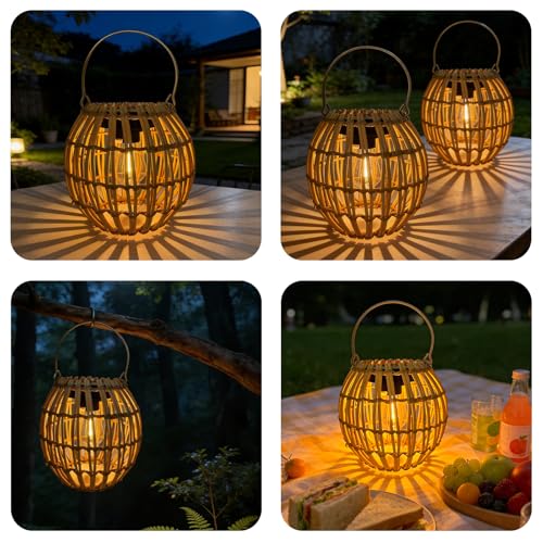 Solar Outdoor Lanterns, Hanging Rattan Lantern Handwoven Garden Lights Solar lamp Waterproof for Outside, Idea for Yard Gazebo Patio Pergola Pathway Front Porch Decor, 2 Pack