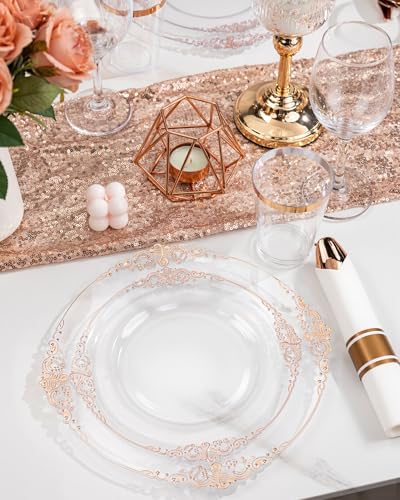 Nervure 350PCS Rose Gold Plastic Plates - Rose Gold Plastic Dinnerware Sets for 50 Guests - 100 Disposable Plates, 150 Silverware, 50 Cups, 50 Napkins Perfect for Wedding & Party & Mothers Day - color: White and Rose Gold