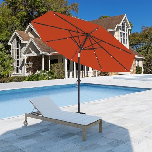 9FT Patio Umbrella with Solar Lights,Outdoor Market Umbrella with Tilt and Crank, LED Lighted Table Umbrella for Garden,Deck,Backyard,Pool,Beach (Orange) - color: Orange