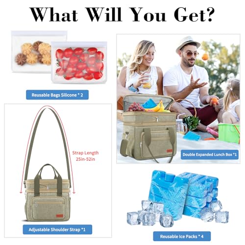 Coobiiya Insulated Lunch Box for Men & Women, Leakproof Lunch Bag Cooler Bag with 4 Pockets,Heavy Duty Lunch Bags Men Cooler Bags for Camping, Travel, Work Kayaking & Beach - color: Khaki, size: X Large – 23L (Double-Layer)