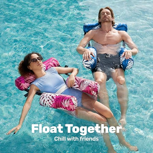SLOOSH Inflatable Pool Floats Adult,2 Packs Floating Lounge Chairs,Blow up Pool Noodles for Adult Heavy Duty,Floating Chair for Party Summer Water Beach Lake Fun - style: Tropical Leaves-Pink,Blue