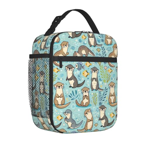Reusable Otter and Fish Lunch Box for Kids Girls Boys Women Adult, Insulated Cute Marine Life Lunch Bag,Polyester Cooler Handbags Case for School Picnic Work Travel Outdoor Beach or Hiking - color: Otter 02