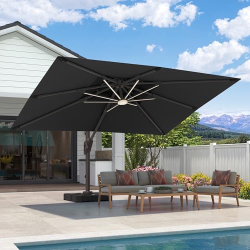 9x12 FT Cantilever Patio Umbrella with Base and Led Lights Double Top Outdoor Rectangular Large Heavy Duty Aluminum Offset Umbrellas with 7 Level Tilt 360-degree Rotation for Pool Garden Deck, Black - color: Black, size: 9' X 12'-with Light & Base