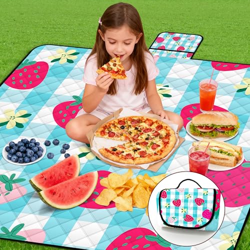 Extra Large Picnic Blanket Waterproof,80"x 80"Foldable Machine Washable Beach Blankets,Outdoor Blanket for 6-8 Adults,Picnic Mat Suitable for Indoor Crawling,Park Beach,Camping,Hiking,Travel (Blue） - color: Blue Strawberry, size: 6'8" x 6'8" (Square)