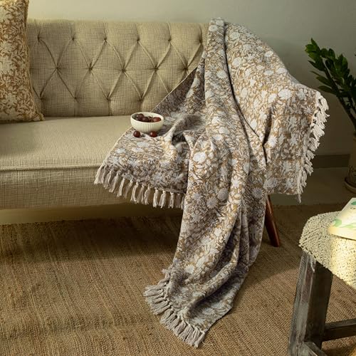 100% Pure Cotton Handblock Printed Throw Blanket, Soft 50" x 60" Fringed Floral Print Throw for Couch, Sofa, Chair, Bed - Cozy, Machine Washable, Comfortable Home Decor - color: Teak Brown