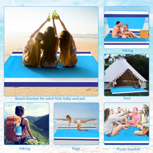 Beach Blanket Waterproof Sandproof Oversized Lightweight 78''×110'' 1-7 Adults Blanket Beach Large Picnic Mat for Travel Camping Hiking Picnic - color: Blue White, size: 78''x110''